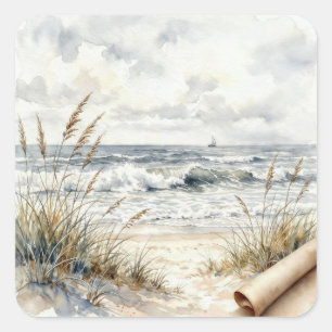 Sticker Carré Plage océanique à l'aquarelle avec papier enroulé