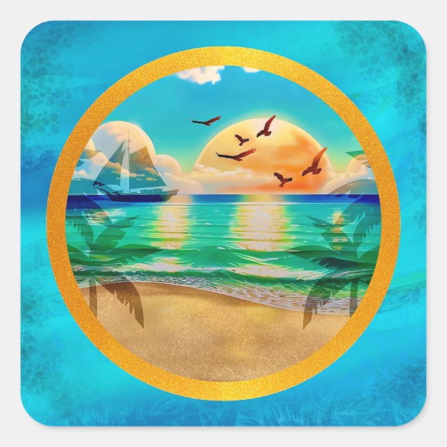 Sticker Carré Plage tropicale moderne Palm Trees Sunset Vacances (Devant)