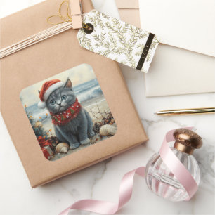 Sticker Carré Plage Vintage de Noël de chat bleu russe