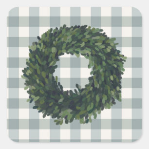 Sticker Carré Plaid Boxwood Wreath Farmhouse En vichy élégant