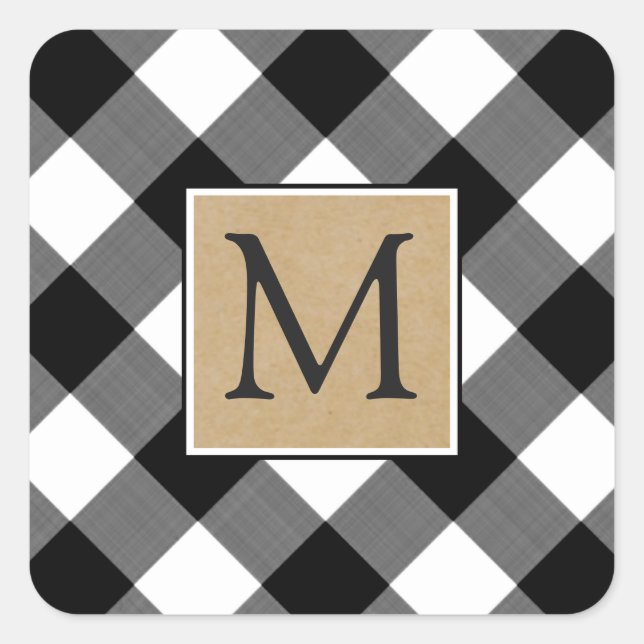 Sticker Carré Plaid de Buffalo Brun Kraft Monogramme (Devant)