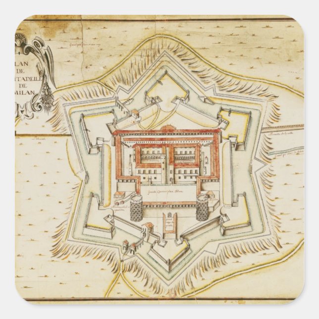 Sticker Carré Plan de la citadelle de Milan (Devant)
