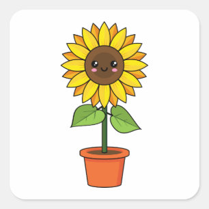 Sticker Carré Plante de tournesol Kawaii dans un pot