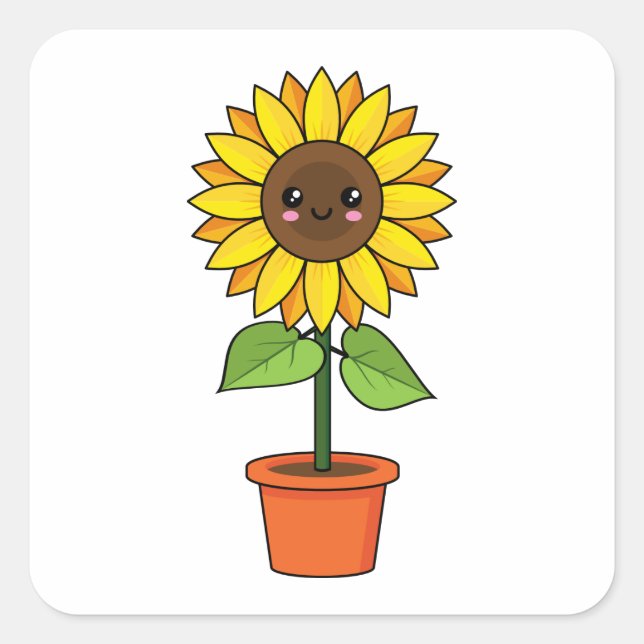 Sticker Carré Plante de tournesol Kawaii dans un pot (Devant)