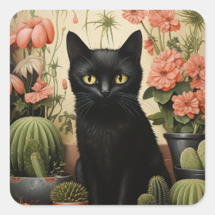 Sticker Carré Plantes de Chat noir et Cactus