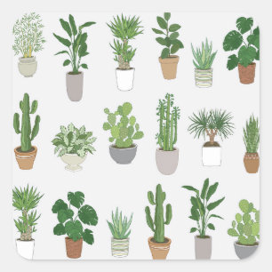 Sticker Carré Plantes de maison, motif vintage de doodle