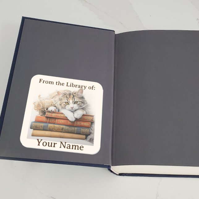 Sticker Carré Plaque avec chat Relaxant sur livres (A cat in shown lying on some books on a bookplate inside book)