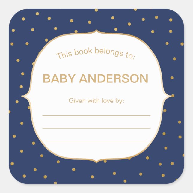 Sticker Carré Plaque-baby shower bleu marine + confetti d'or (Devant)