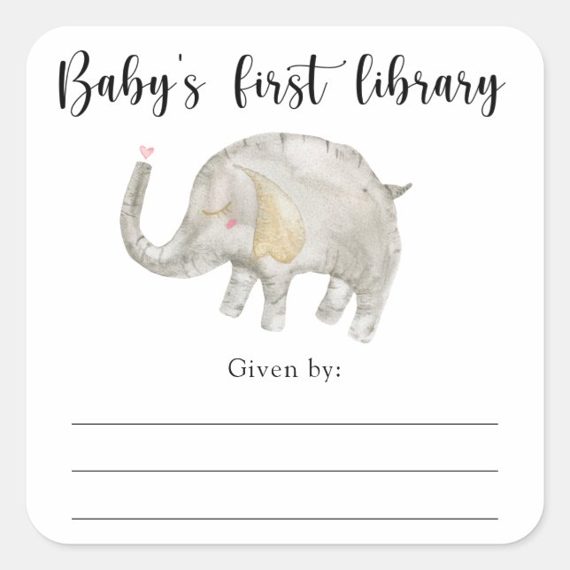 Sticker Carré Plaque Baby shower éléphant, livres pour bébé (Devant)