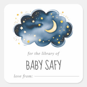 Sticker Carré Plaque Baby shower Lune et Étoiles