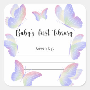 Sticker Carré Plaque Baby shower papillon, livres pour bébé