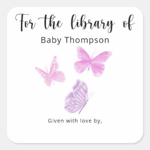 Sticker Carré Plaque Baby shower papillon, livres pour bébé