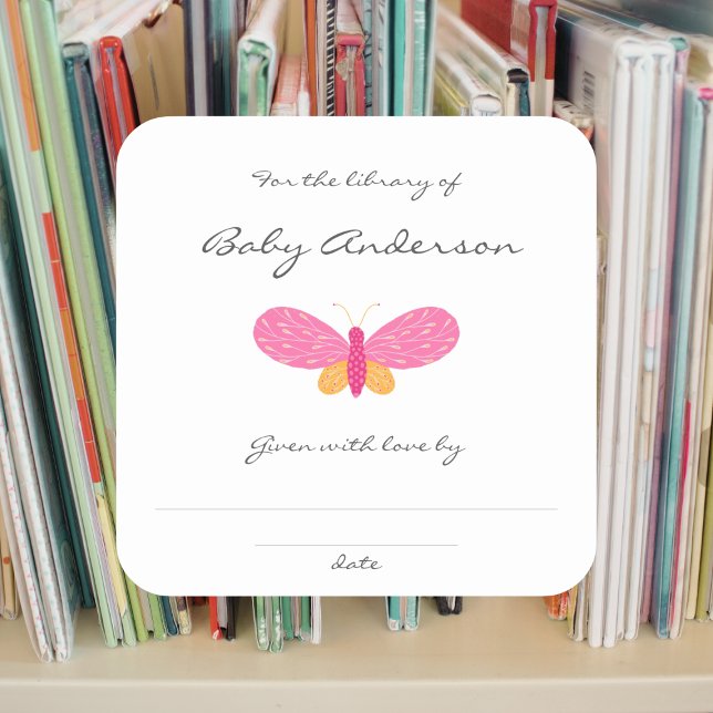 Sticker Carré Plaque baby shower papillon rose (Créateur téléchargé)