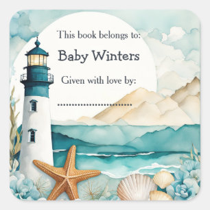 Sticker Carré Plaque Baby shower phare nautique