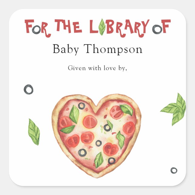 Sticker Carré Plaque Baby shower pizza - pour la bibliothèque de (Devant)