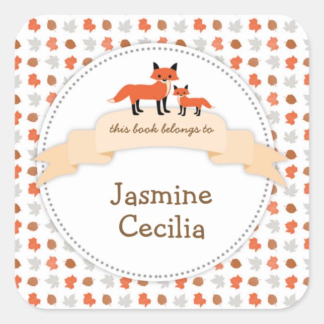 Sticker Carré Plaque d'animaux de bois avec fox de bébé mère (Devant)