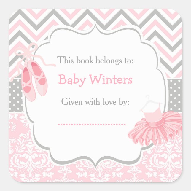 Sticker Carré Plaque de Baby shower Chevron Rose/Gris Ballerina (Devant)