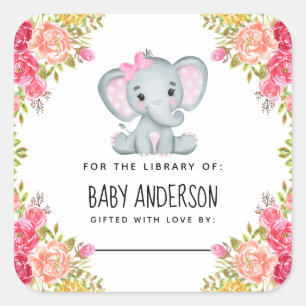 Sticker Carré Plaque de Baby shower d'éléphant floral