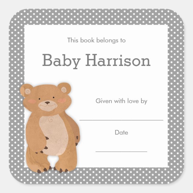 Sticker Carré Plaque de Baby shower d'ours gris, livre neutre (Devant)