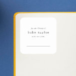 Sticker Carré Plaque de Baby shower simple moderne minimaliste E<br><div class="desc">Ces autocollants minimes simples de baby shower modernes sont parfaits pour un livre de baby shower minimaliste pour cadeau bébé. Le design noir et blanc présente une typographie boho sans ornement avec un style minimaliste unique. Personnalisez vos ex libris étiquettes avec le prénom ou le nom de famille du nouveau-né....</div>