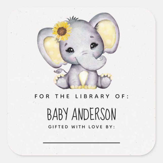 Sticker Carré Plaque de Baby shower Sunflower Elephant (Devant)