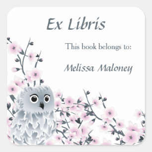 Sticker Carré Plaque de bibliothèque de Owls and Cherry Blossoms