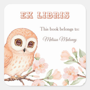 Sticker Carré Plaque de bibliothèque de Owls and Cherry Blossoms