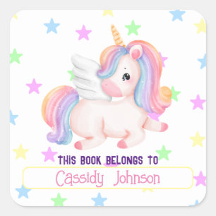 Sticker Carré Plaque de bibliothèque Pastel rainbow unicorn nom