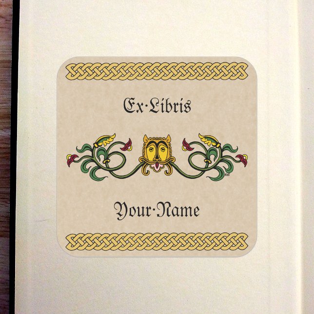 Sticker Carré Plaque de conception Lion médiévale (Medieval Lion Design Bookplate)