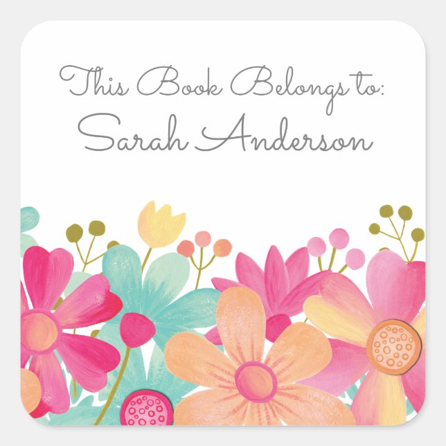 Sticker Carré Plaque De Livre Floral Peint Ce Livre Appartient À (Devant)