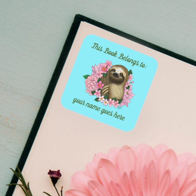 Sticker Carré Plaque de livres Fleurs Roses Sloth (Créateur téléchargé)