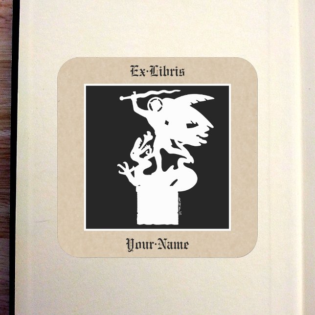 Sticker Carré Plaque de réservation Saint Michael et Dragon (en  (Saint Michael and Dragon (in White) Bookplate in Old Book)