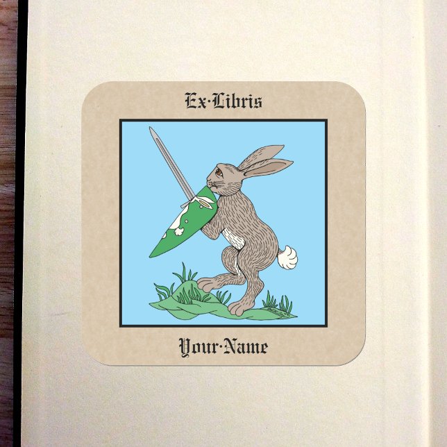 Sticker Carré Plaque d'enregistrement du lapin de guerrier médié (Medieval Warrior Rabbit Bookplate)