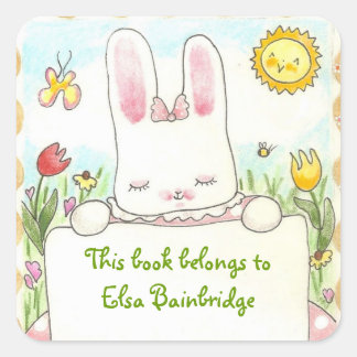 Sticker Carré Plaque-livre de lapin rose
