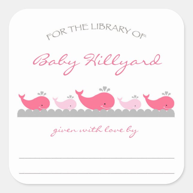 Sticker Carré Plaques Baby showers pour filles / baleines gris r (Devant)