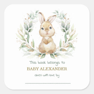 Sticker Carré Plate-forme de Baby shower de lapin doré vert