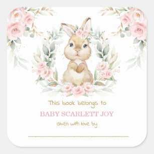 Sticker Carré Plate-forme de Baby shower lapin rose Floral