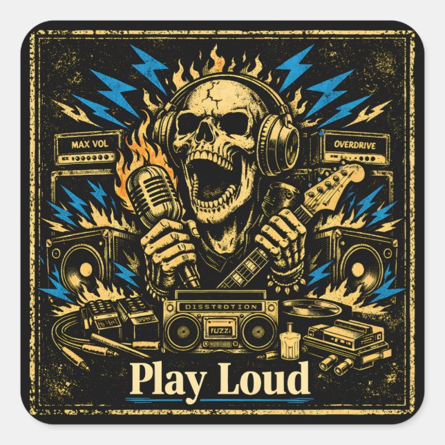 Sticker Carré Play Loud – Volume Up Music Rebellion (Devant)