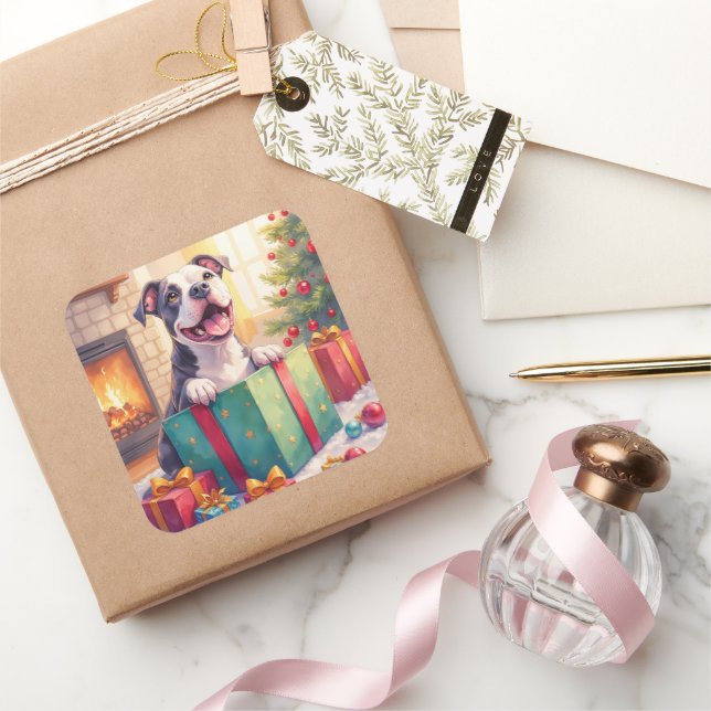 Sticker Carré Playful Pitbull Opening Christmas Gifts Holiday (Cadeaux)