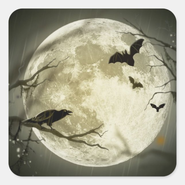 Sticker Carré Pleine lune avec chauves-souris et corbeau (Devant)