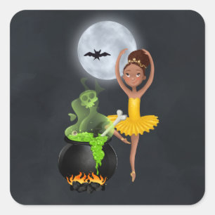 Sticker Carré Pleine lune d'Halloween Ballerina et Cauldron