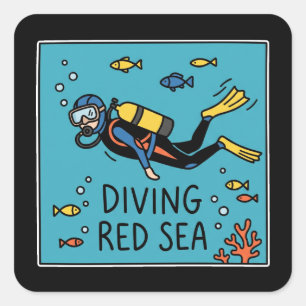 Sticker Carré Plongeur en scaphandre Doodle Mer Rouge