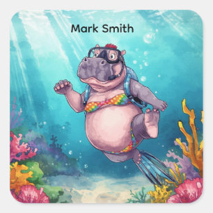 Sticker Carré Plongeur Scaphandrier Hippopotame sous l'eau