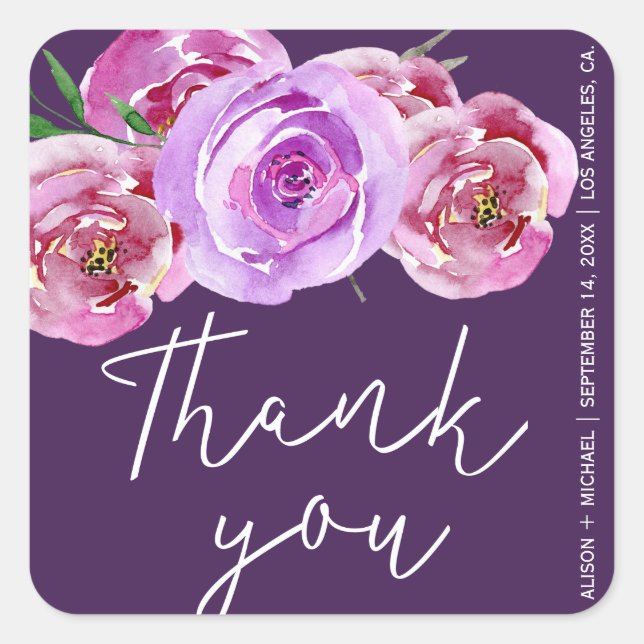 Sticker Carré Plum poussiéreux rose pivoines mariage merci scrip (Devant)