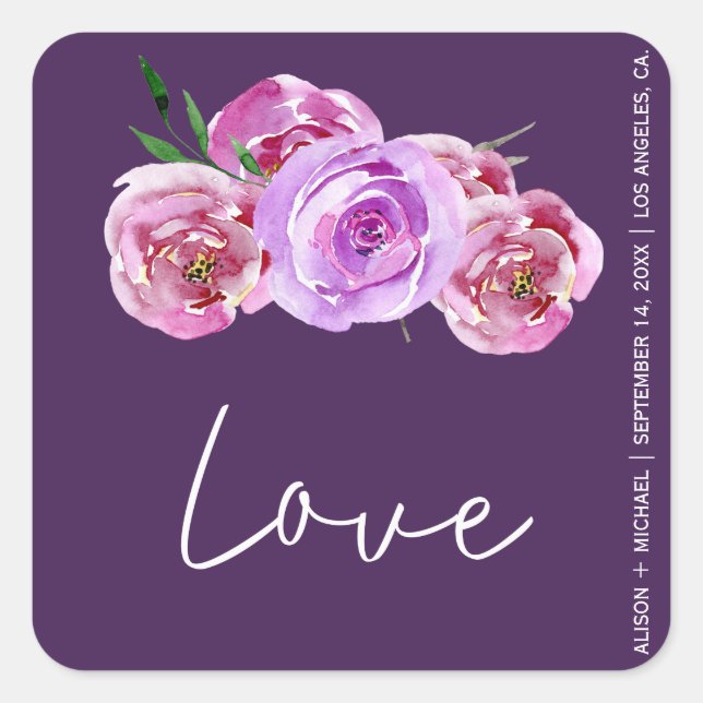 Sticker Carré Plum violet foncé pies rose mariage script d'amour (Devant)