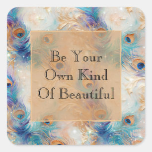 Sticker Carré Plumes Peacock Or Aqua Blanc