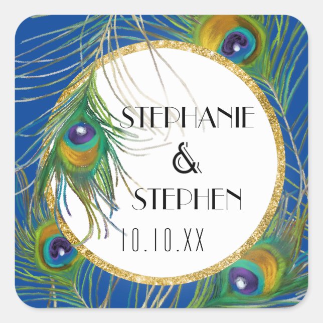 Sticker Carré Plumes Royal Blue Peacock avec Parties scintillant (Devant)