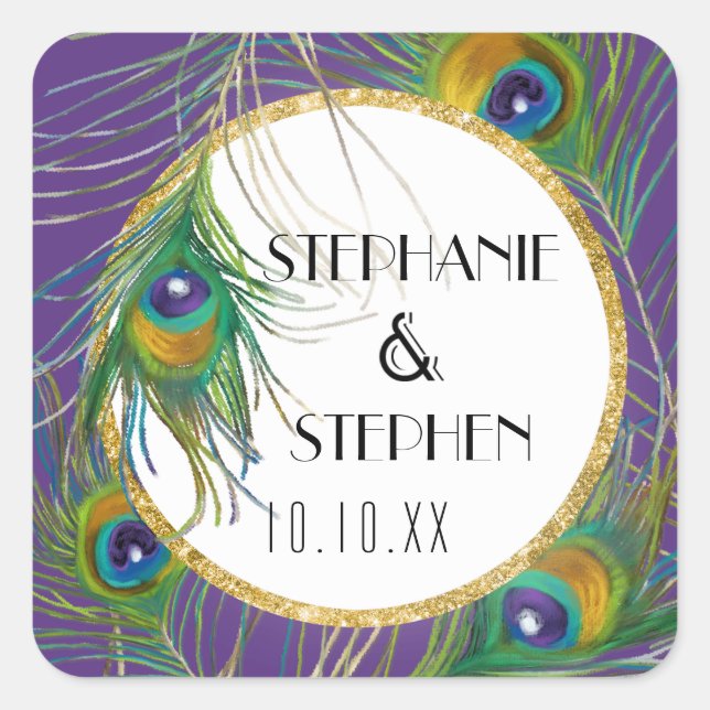 Sticker Carré Plumes violettes Peacock avec Parties scintillant  (Devant)