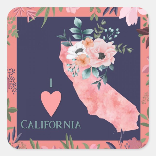 Sticker Carré Plutôt Floral I Love California State Map (Devant)