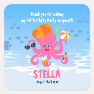 Sticker Carré Poctopus rose été petite fille fête d'anniversaire